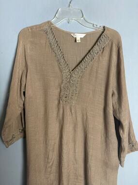 Krazy Kat Womens Taupe Crochet Trim Tunic Blouse Size 2XL